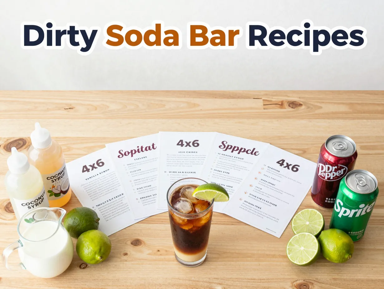 Nine printed recipe cards dirty soda glass ingredients cans flatlay