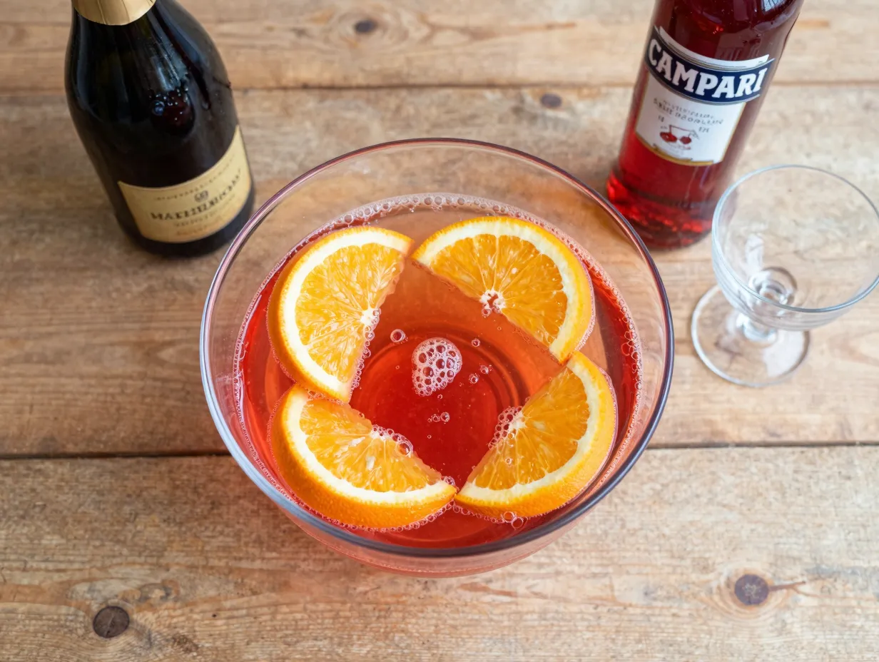 Aerial shot of sparkling wine campari vermouth punch in clear bowl