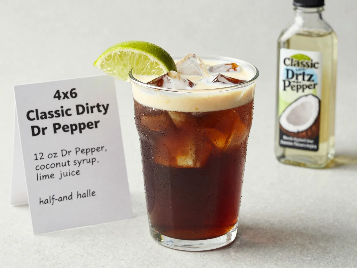 Classic dirty dr pepper recipe card and drink