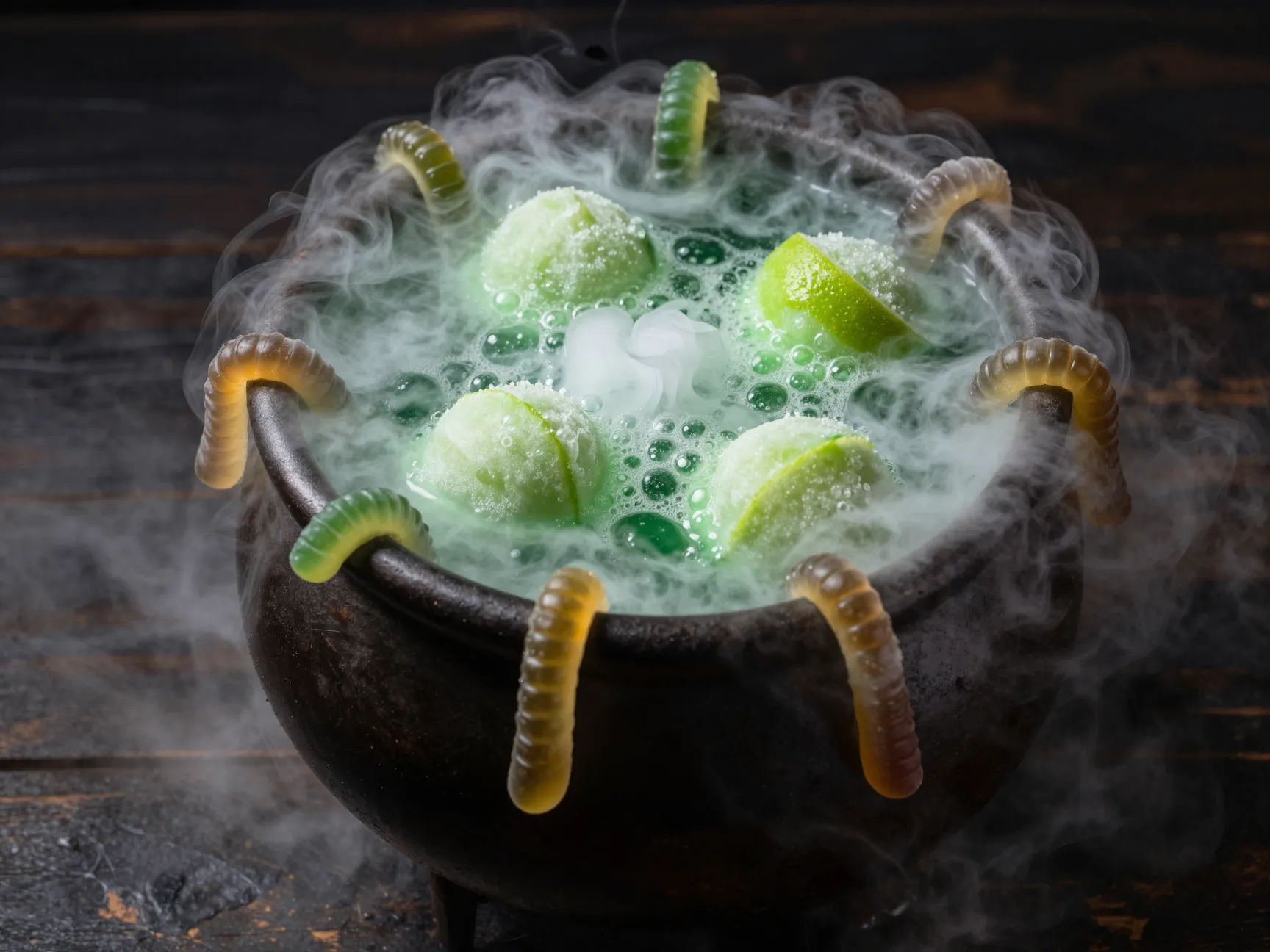 Green bubbling cauldron punch with sherbet and dry ice
