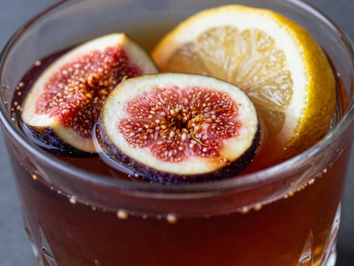 Closeup of muddled fig bourbon rum punch with citrus