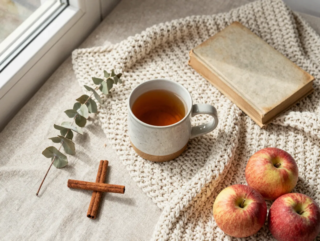 Cozy knit ceramic mug flat lay with autumn props