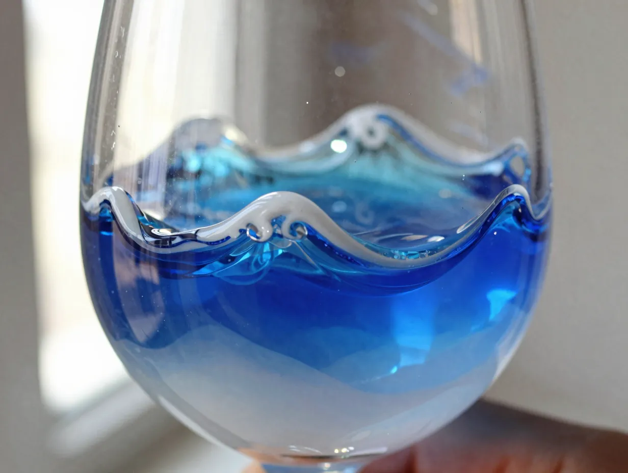 Handcrafted ocean wave blue white resin stemless wine glass with light
