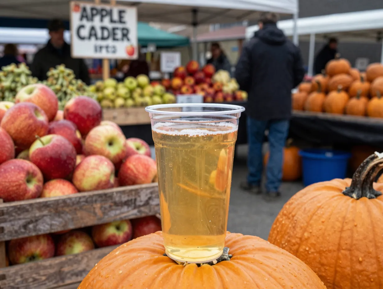 Farmers market apple cider cup amidst crates and pumpkins