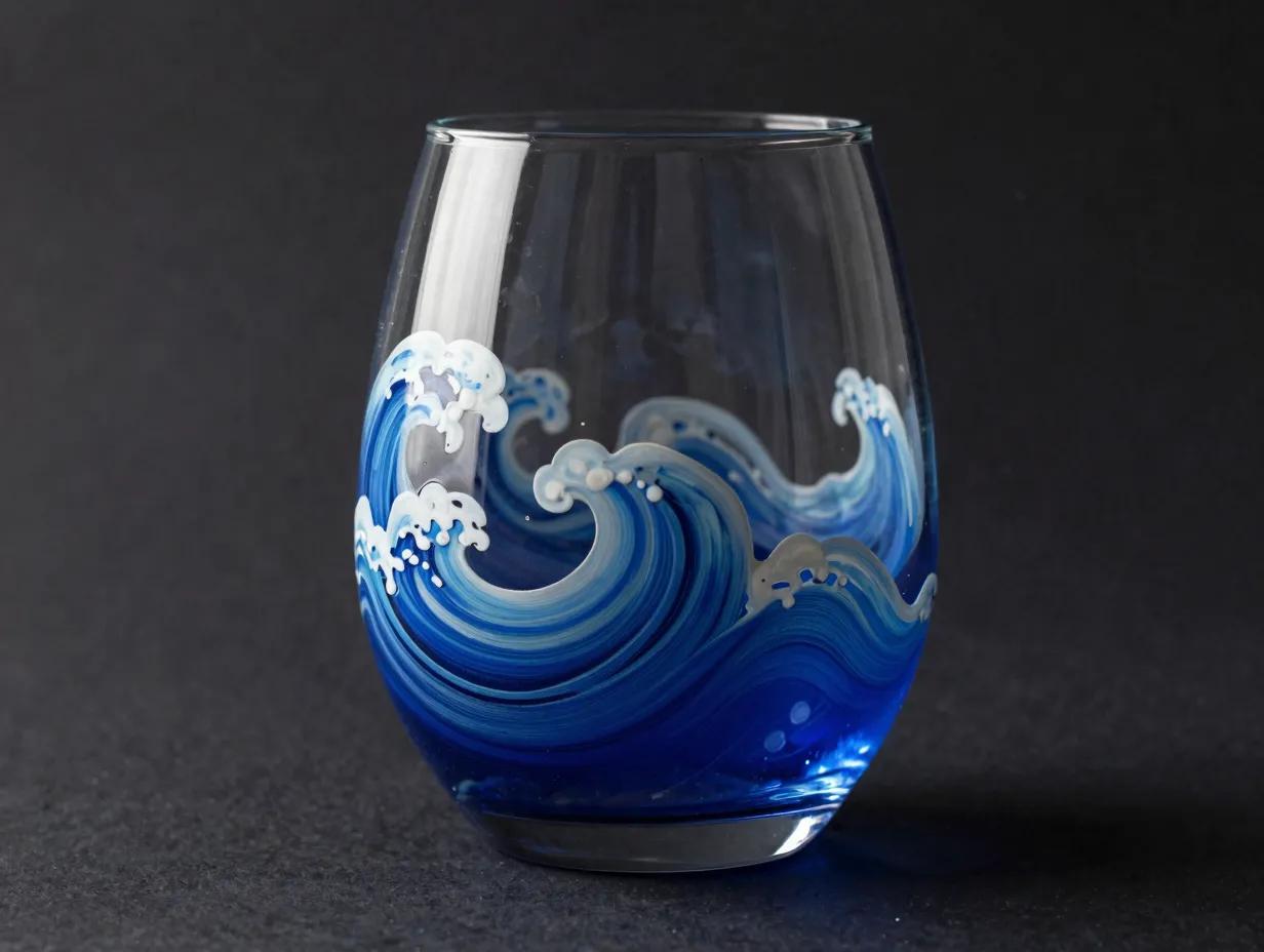 Hand painted vibrant layered wave pattern blue resin stemless wine glass