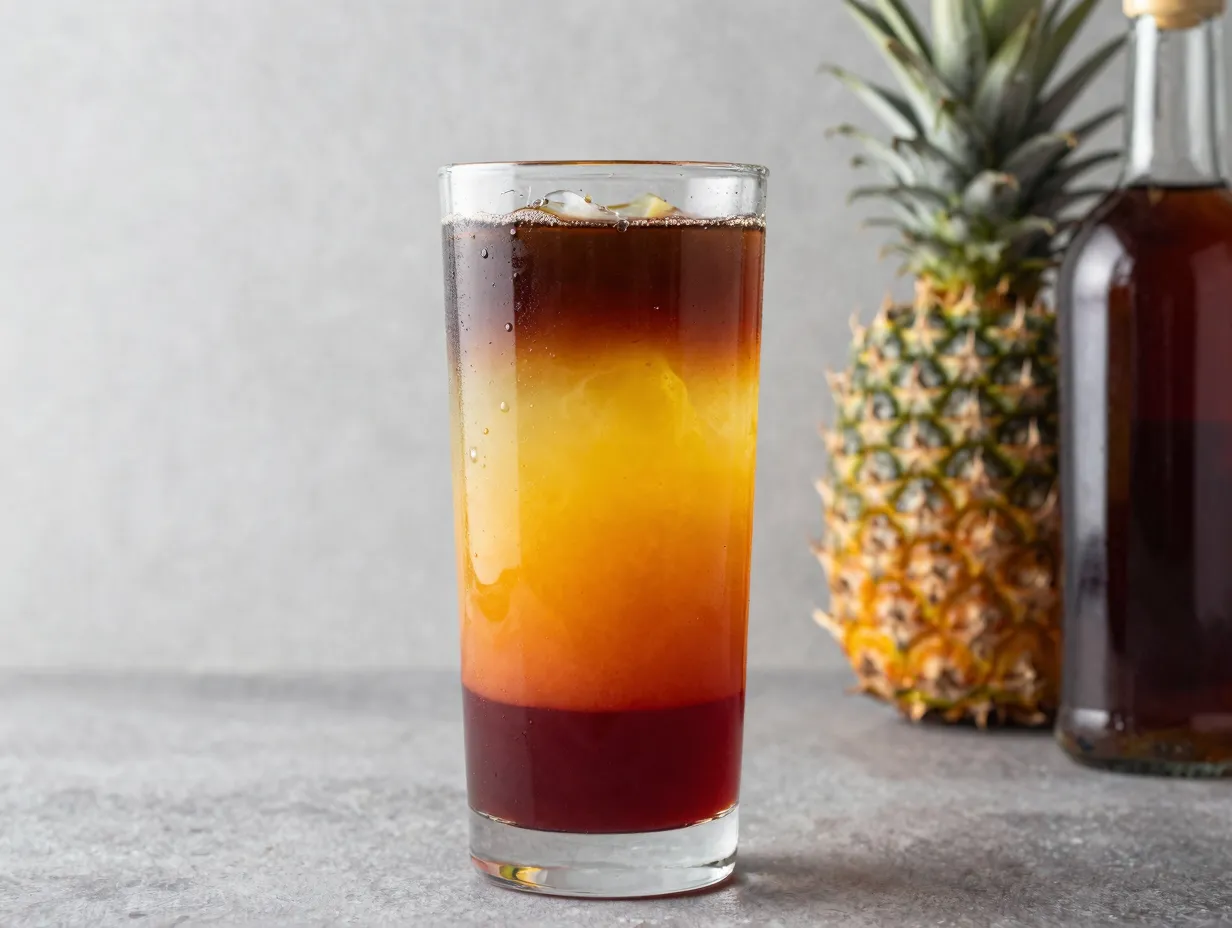 Side view of layered dark light rum pineapple grenadine rainbow punch