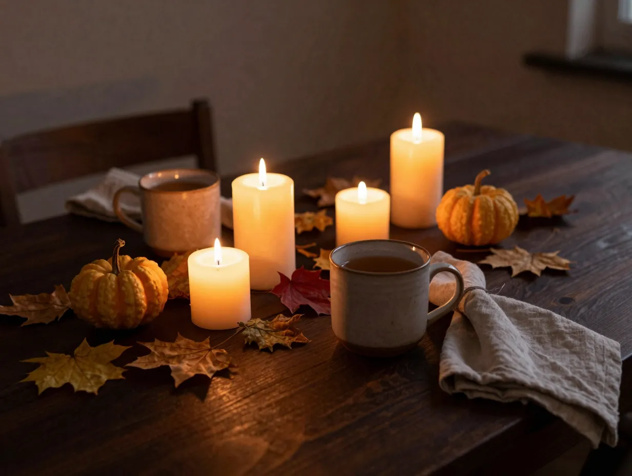 Candlelit autumn tablescape with cider and dried leaves