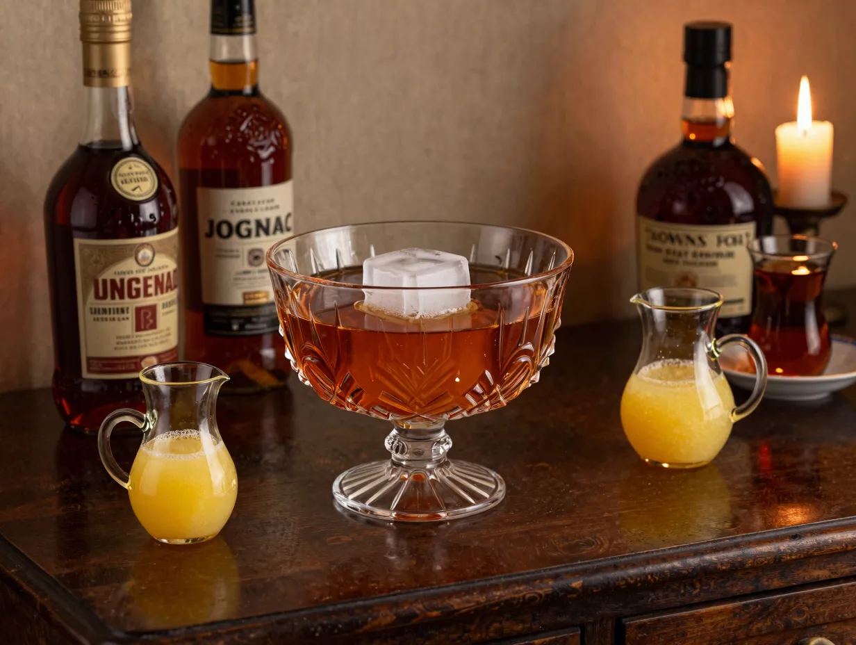 Classic punch bowl with cognac rum port tea oleo saccharum