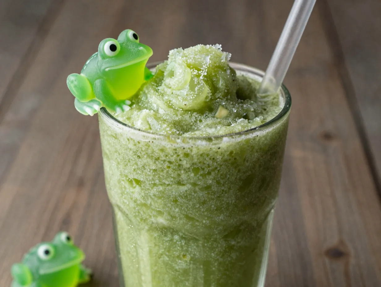 Murky green swamp water slushie with gummy frog