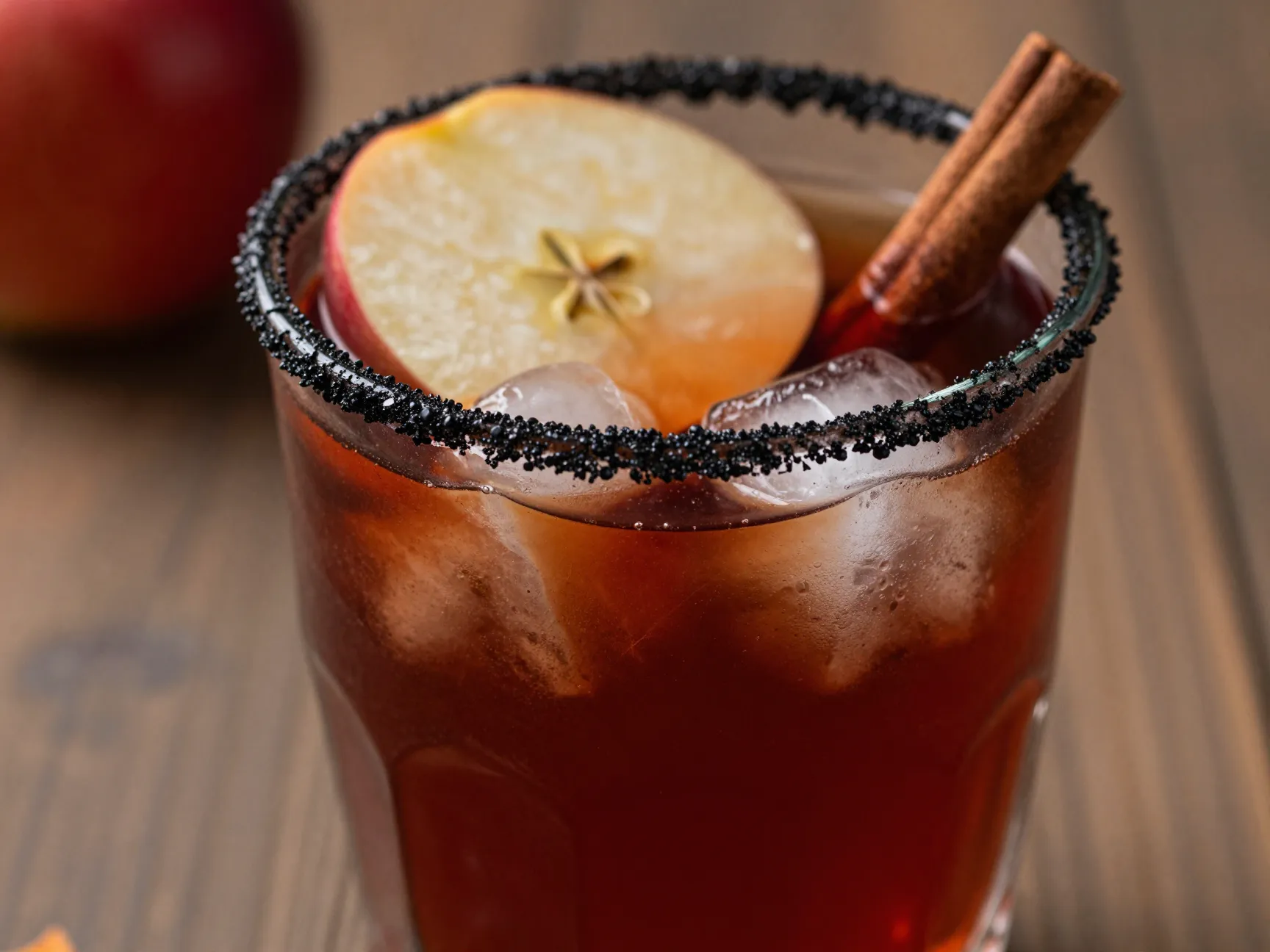 Dark red apple cider punch with black sugar rim
