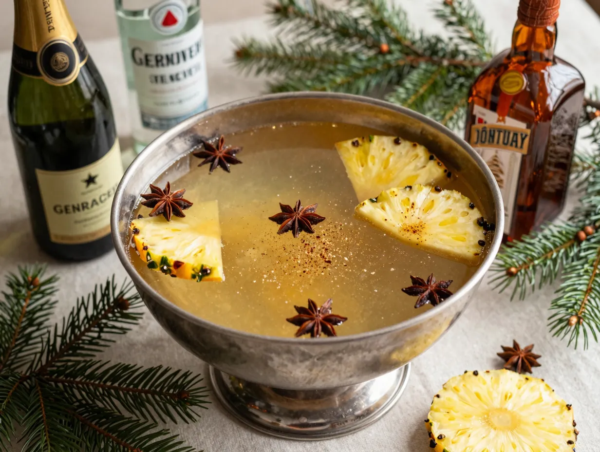 Holiday punch with champagne genever star anise nutmeg garnish