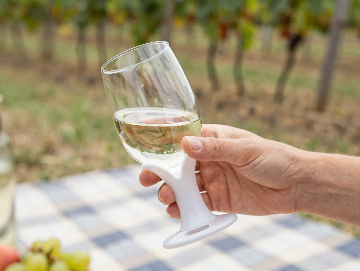 Lightweight ergonomic thumb notch grip polymer wine glass in hand
