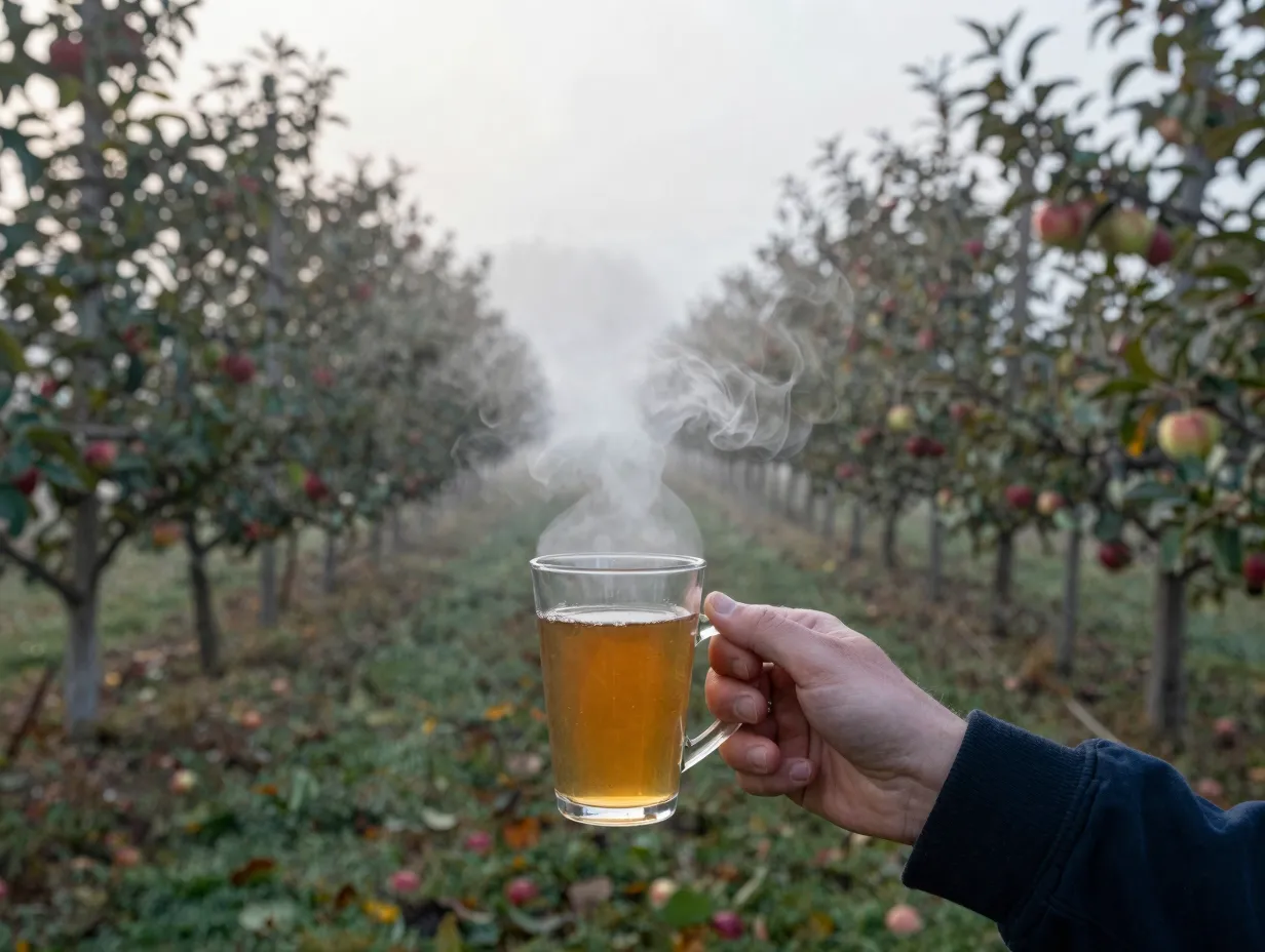Misty morning orchard steam rising from hot cider