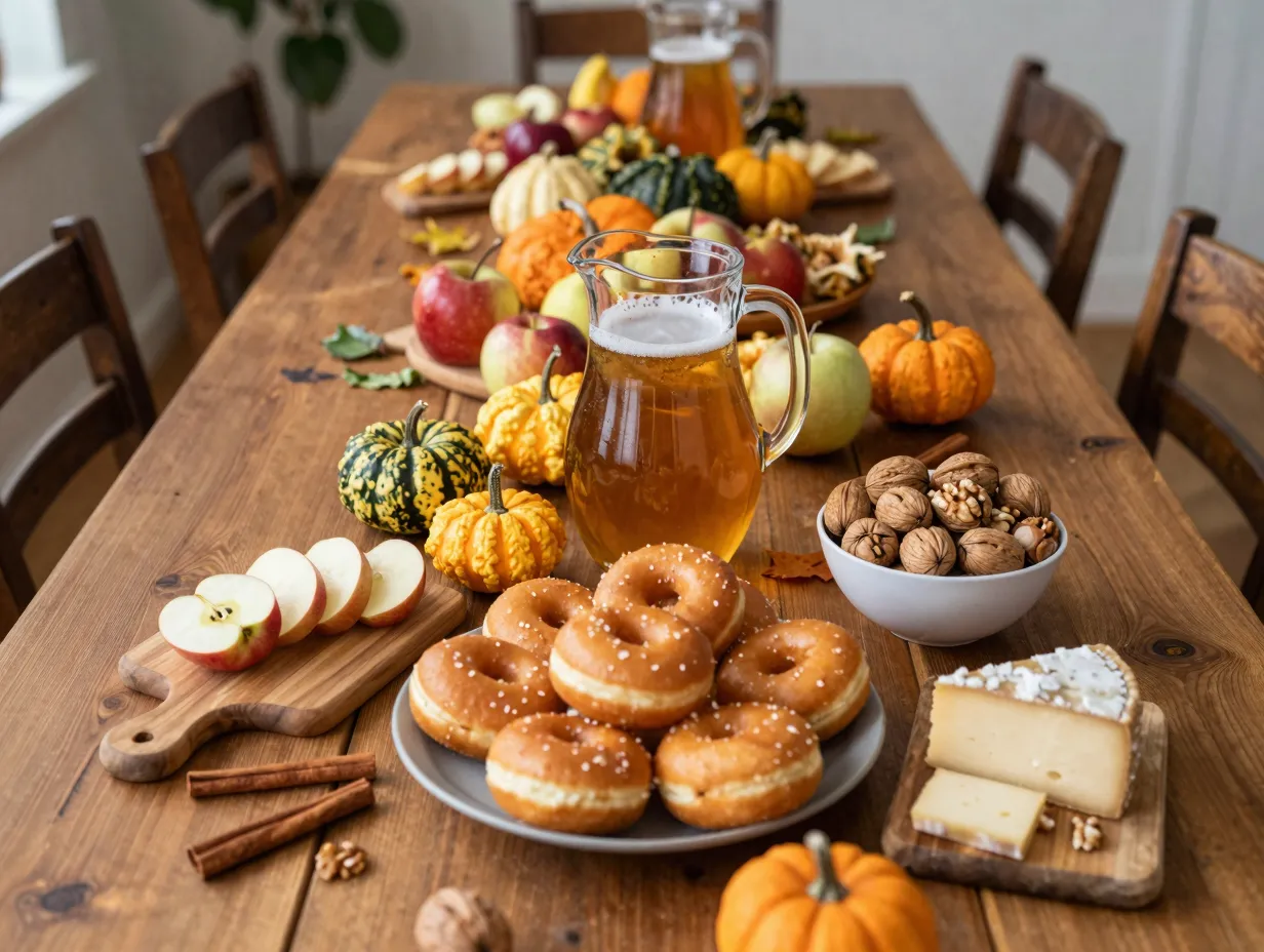 Abundant harvest table spread with cider pitcher and donuts