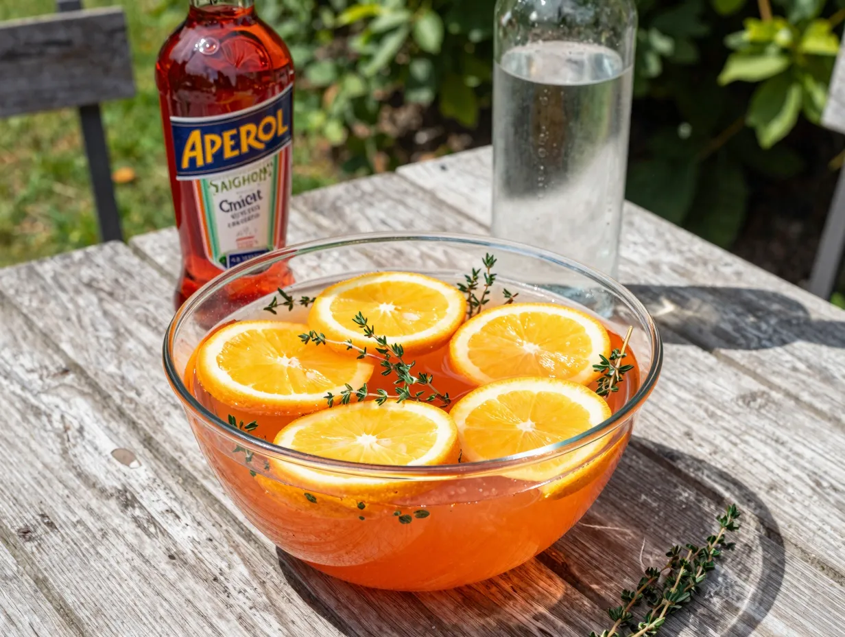 Bright orange aperol vodka punch with thyme sprigs