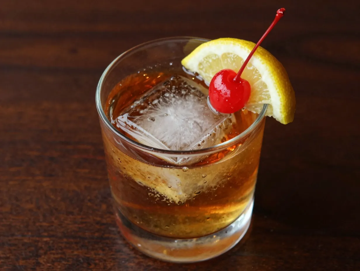 Whiskey sour rocks glass lemon wheel cherry