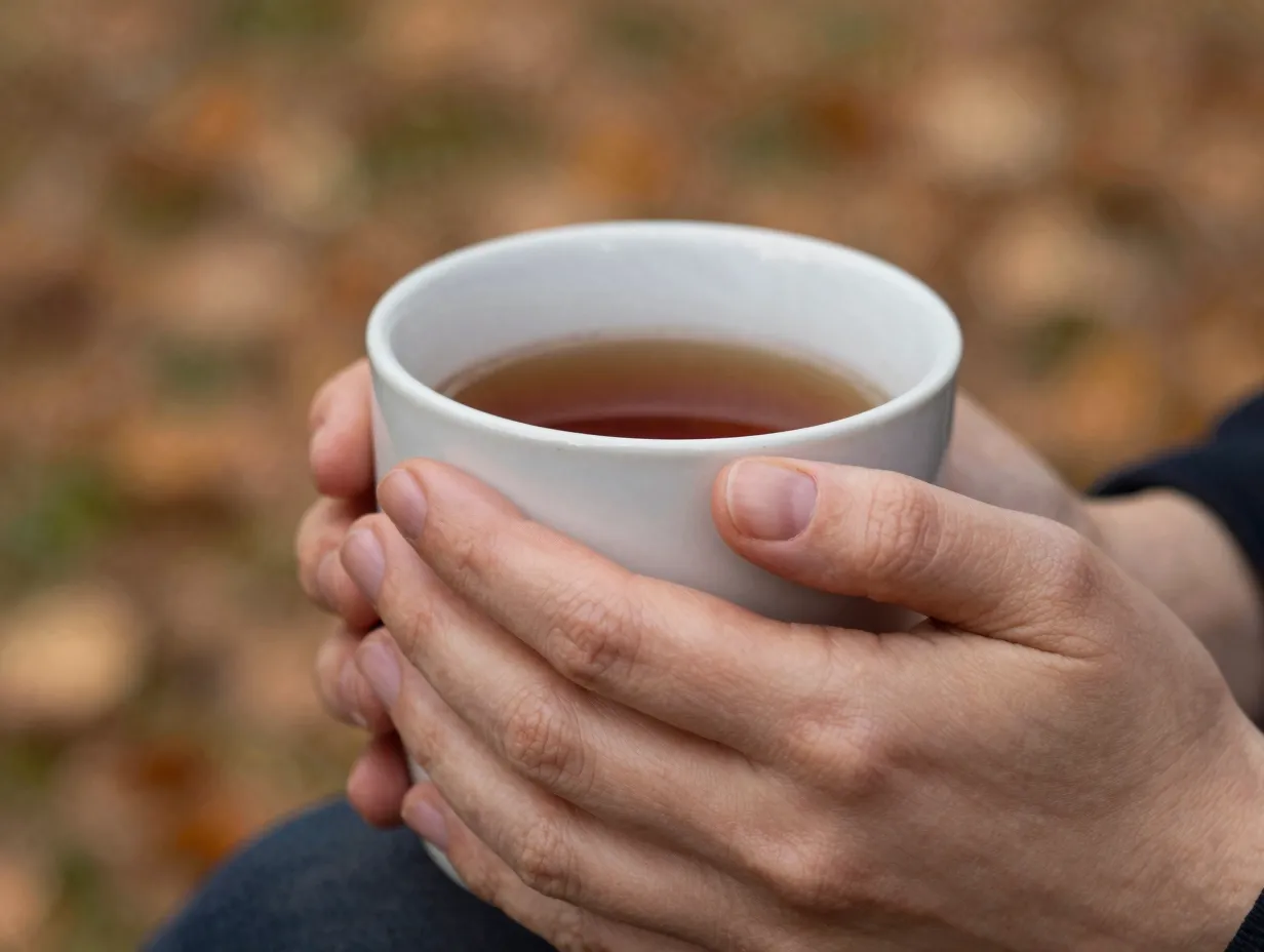 Close up hands wrapped around warm ceramic mug