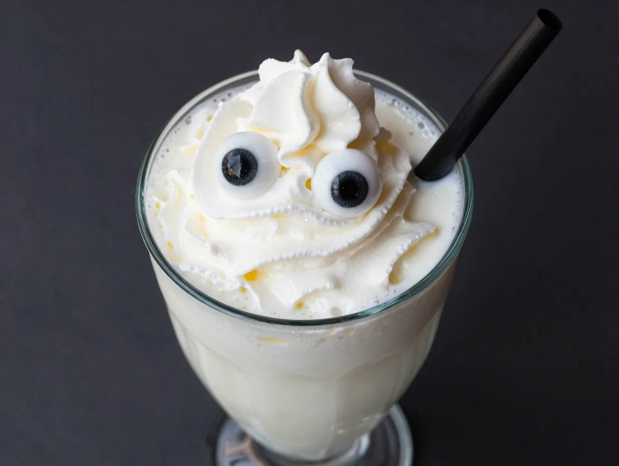 Creamy white mummy milk punch with candy eyeballs