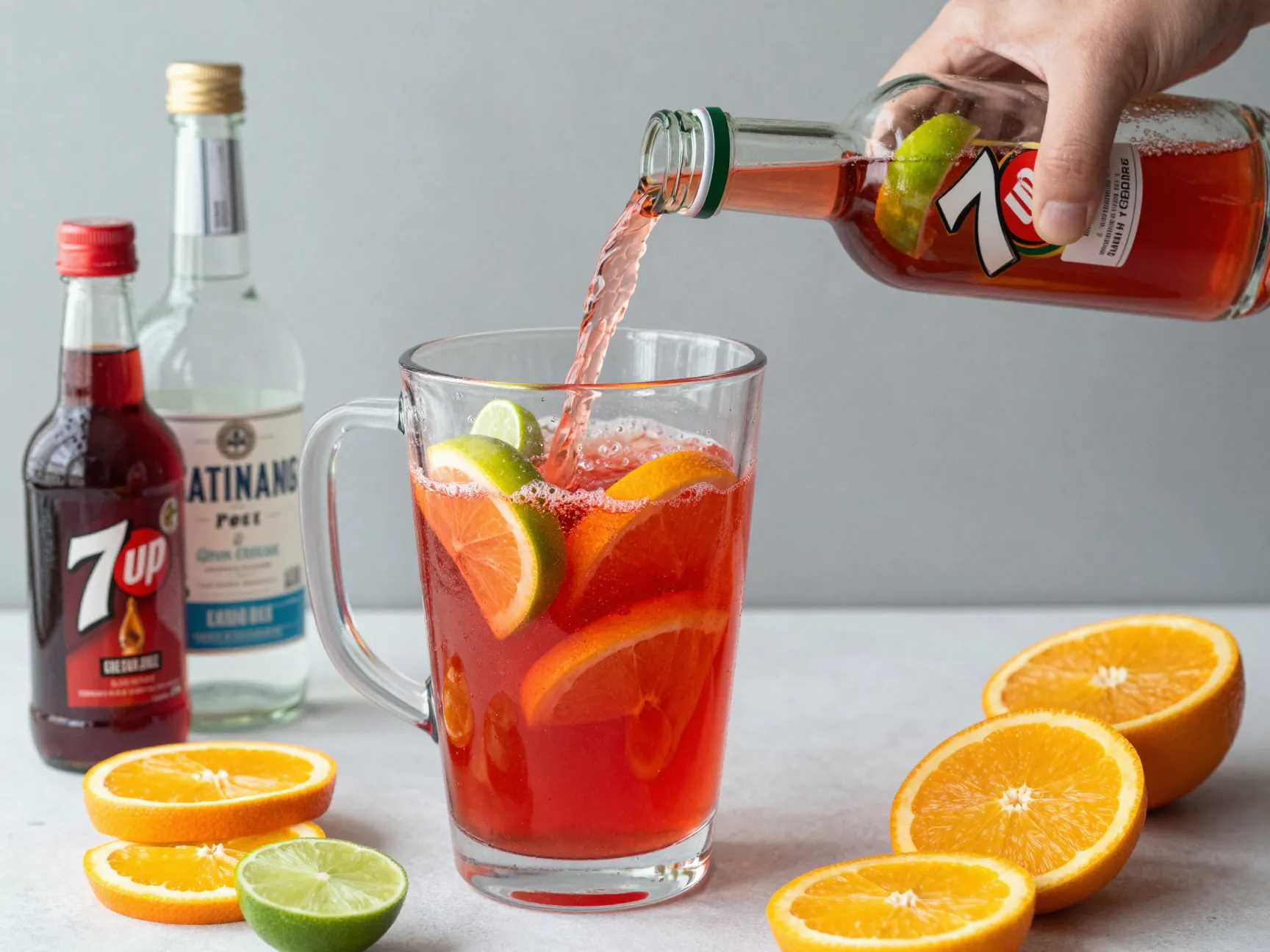 Ruby red tequila punch with muddled citrus and seven up