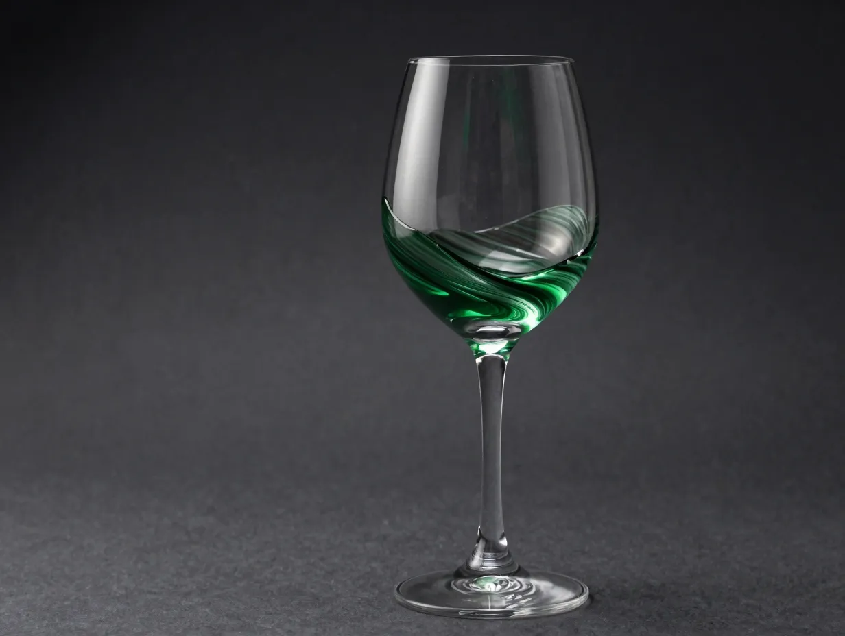 Traditional stemmed wine glass with green swirling wave resin art detail