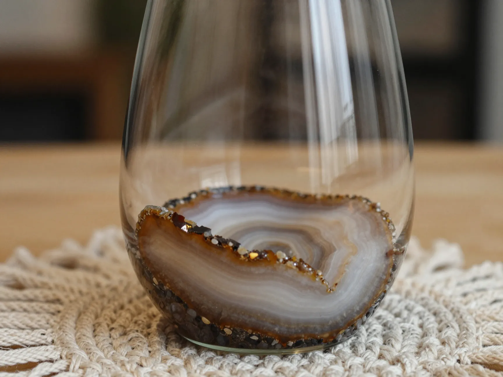 Agate inspired gemstone slice base brown white resin stemless wine glass