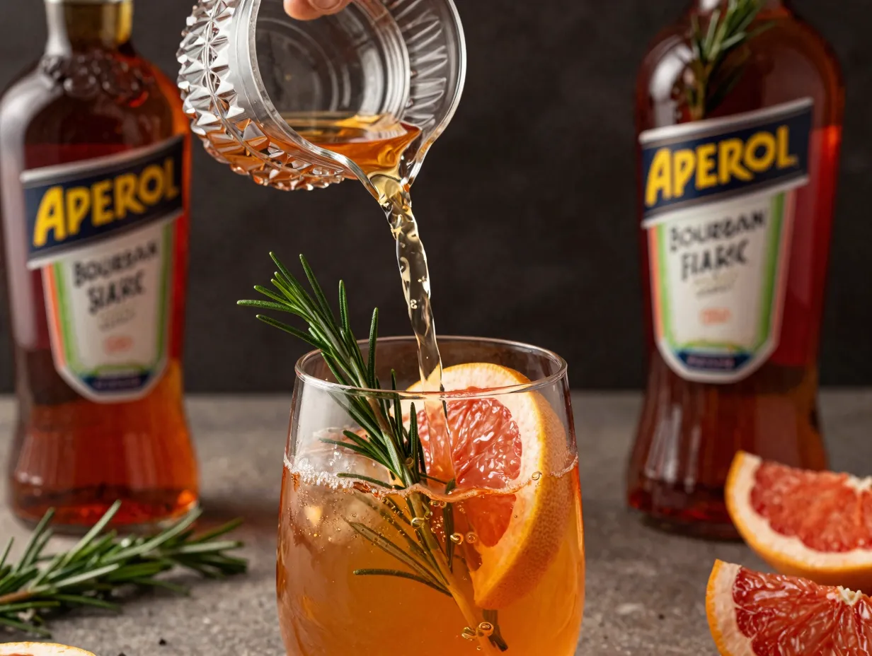 Savory bourbon grapefruit punch with rosemary infused aperol