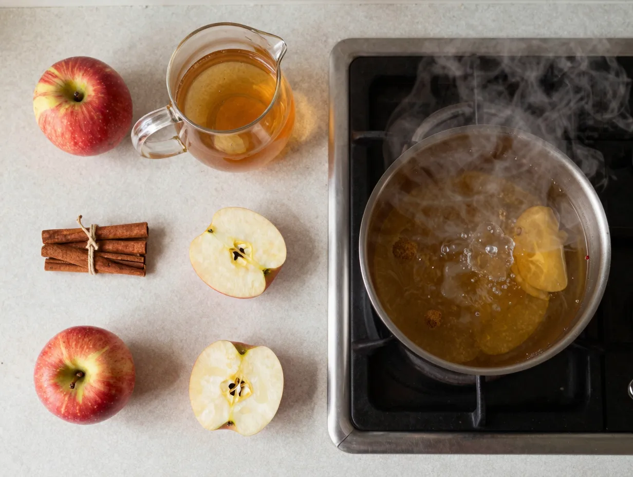 Spiced apple cider ingredients and simmering pot flat lay
