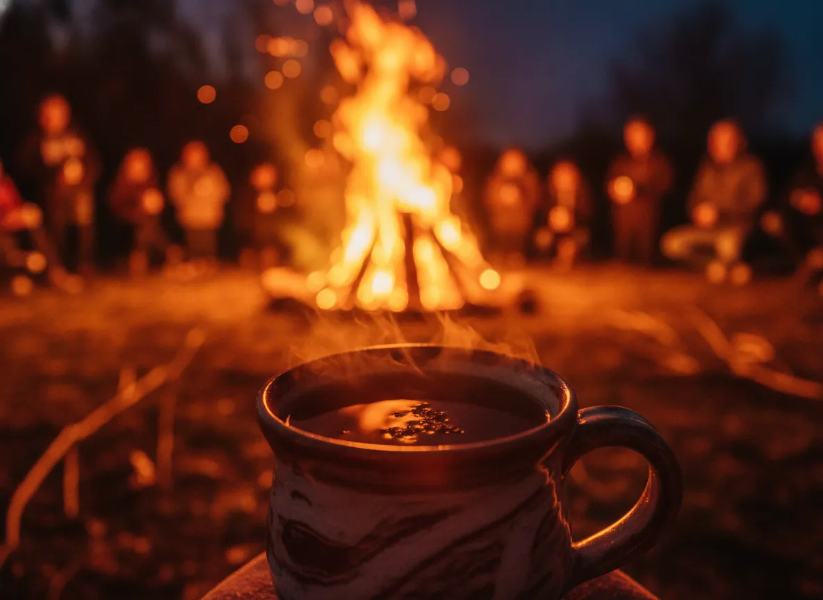 Bonfire nighttime scene with cider glowing in foreground