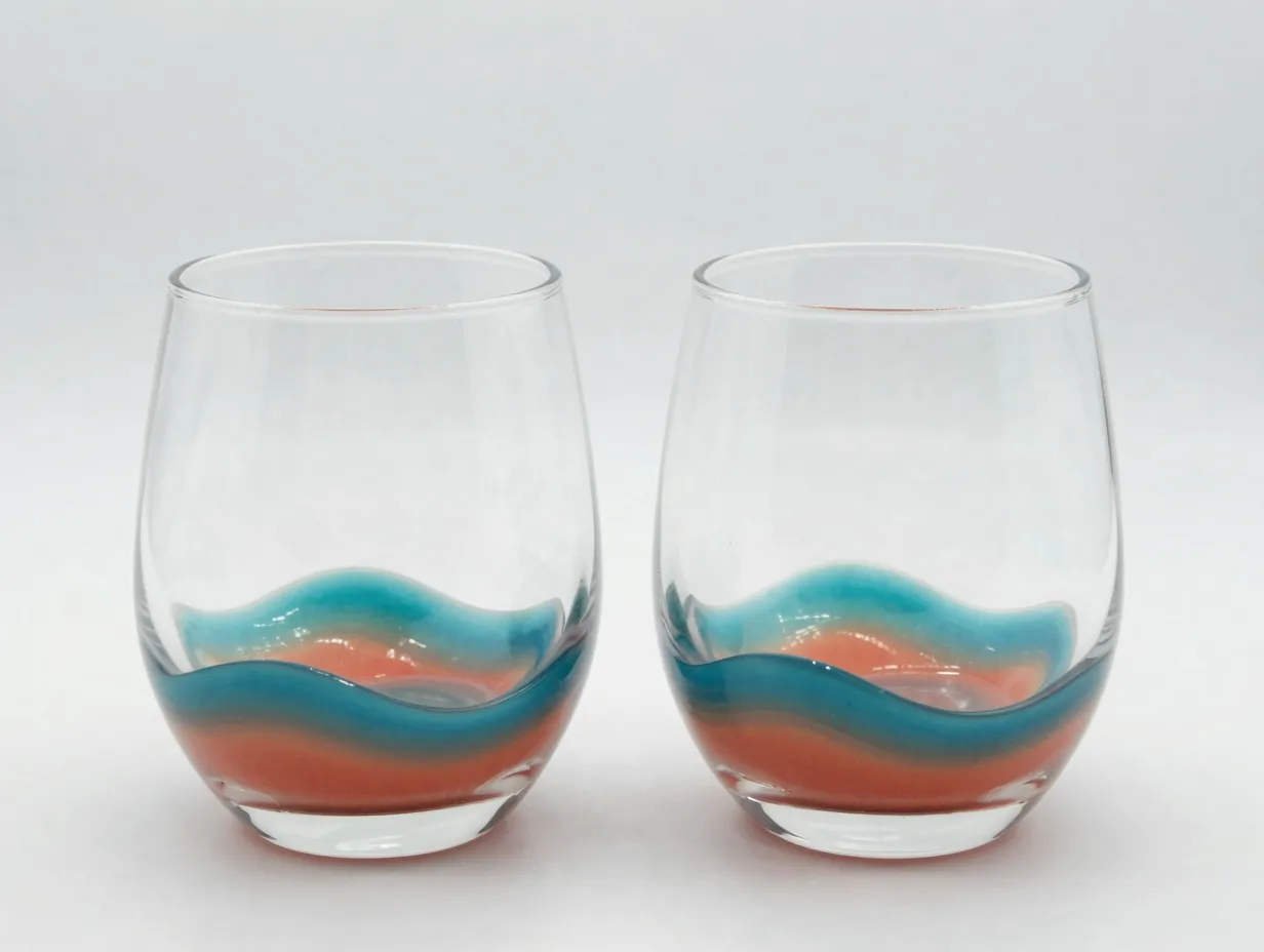 Budget friendly custom color ocean wave resin stemless wine glass pair