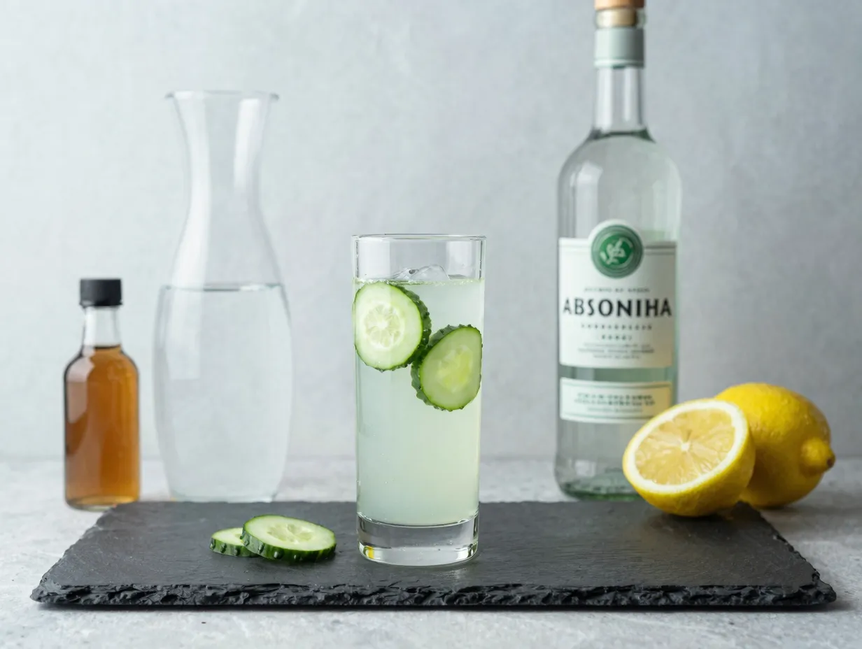 Cucumber absinthe lemon punch in glass with water carafe