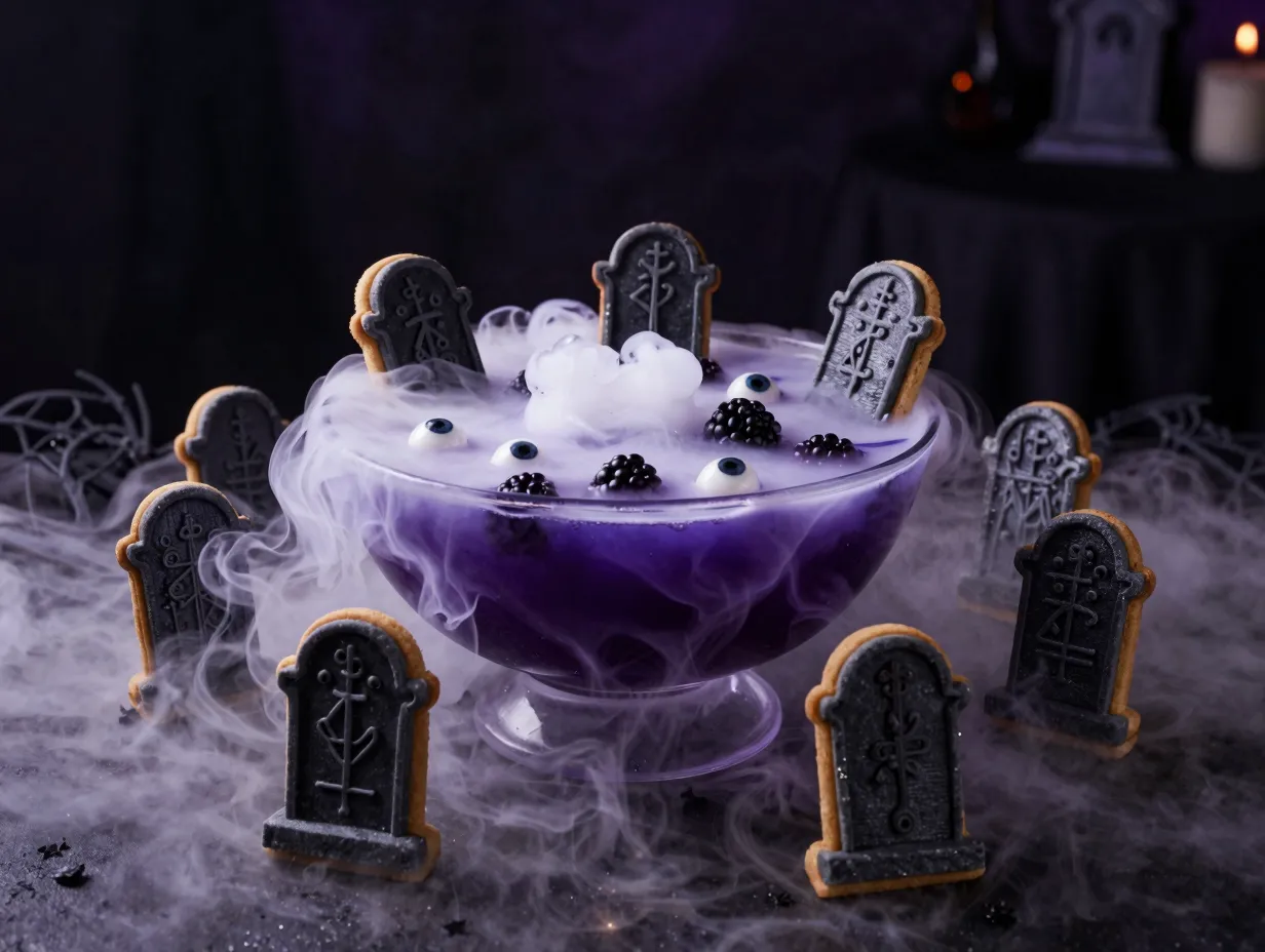 Dramatic smoky purple graveyard punch bowl with tombstones