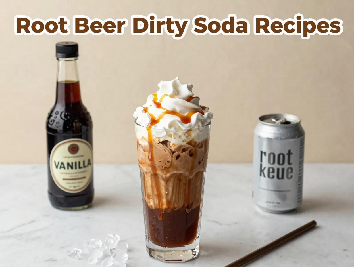 Overhead root beer dirty soda cream swirl vanilla syrup bottle caramel drizzle marble