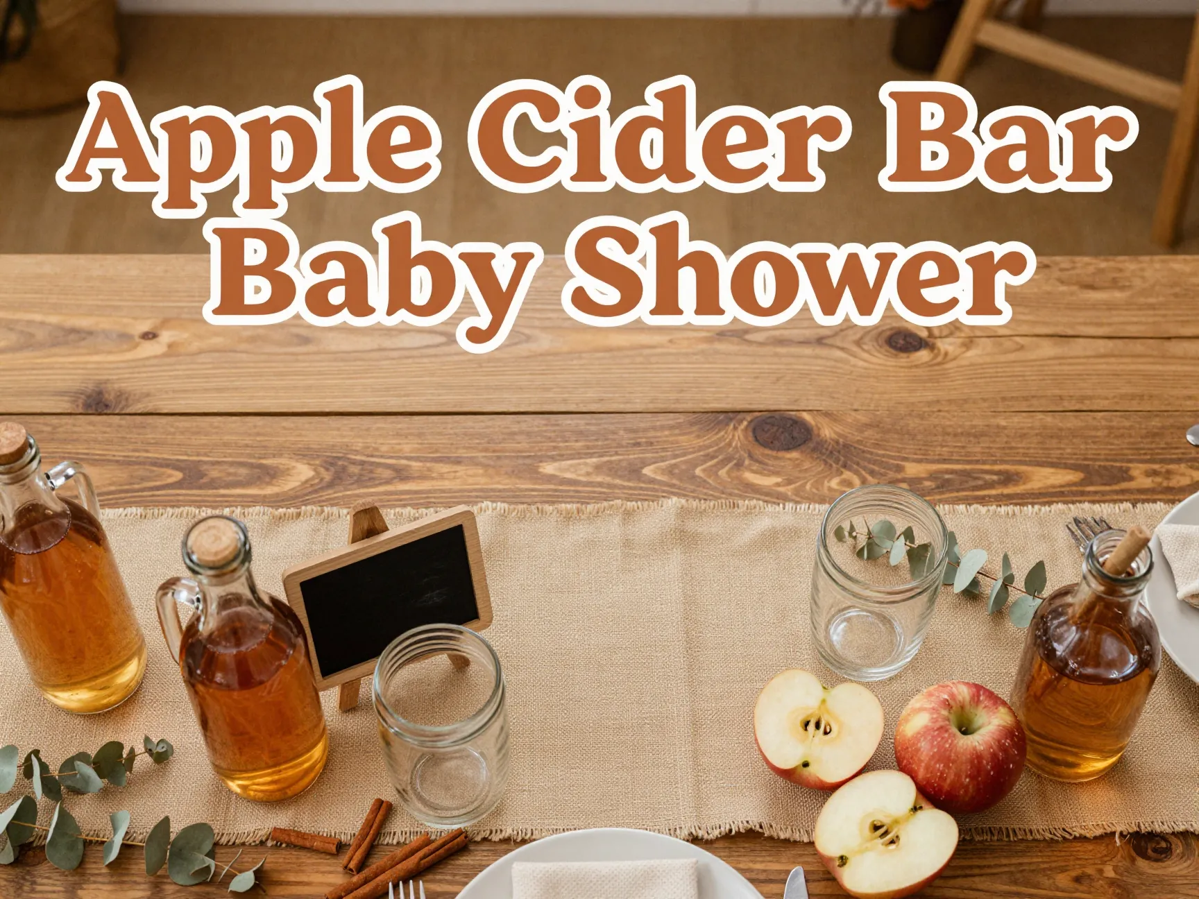 Rustic apple cider bar autumn baby shower flat lay overhead