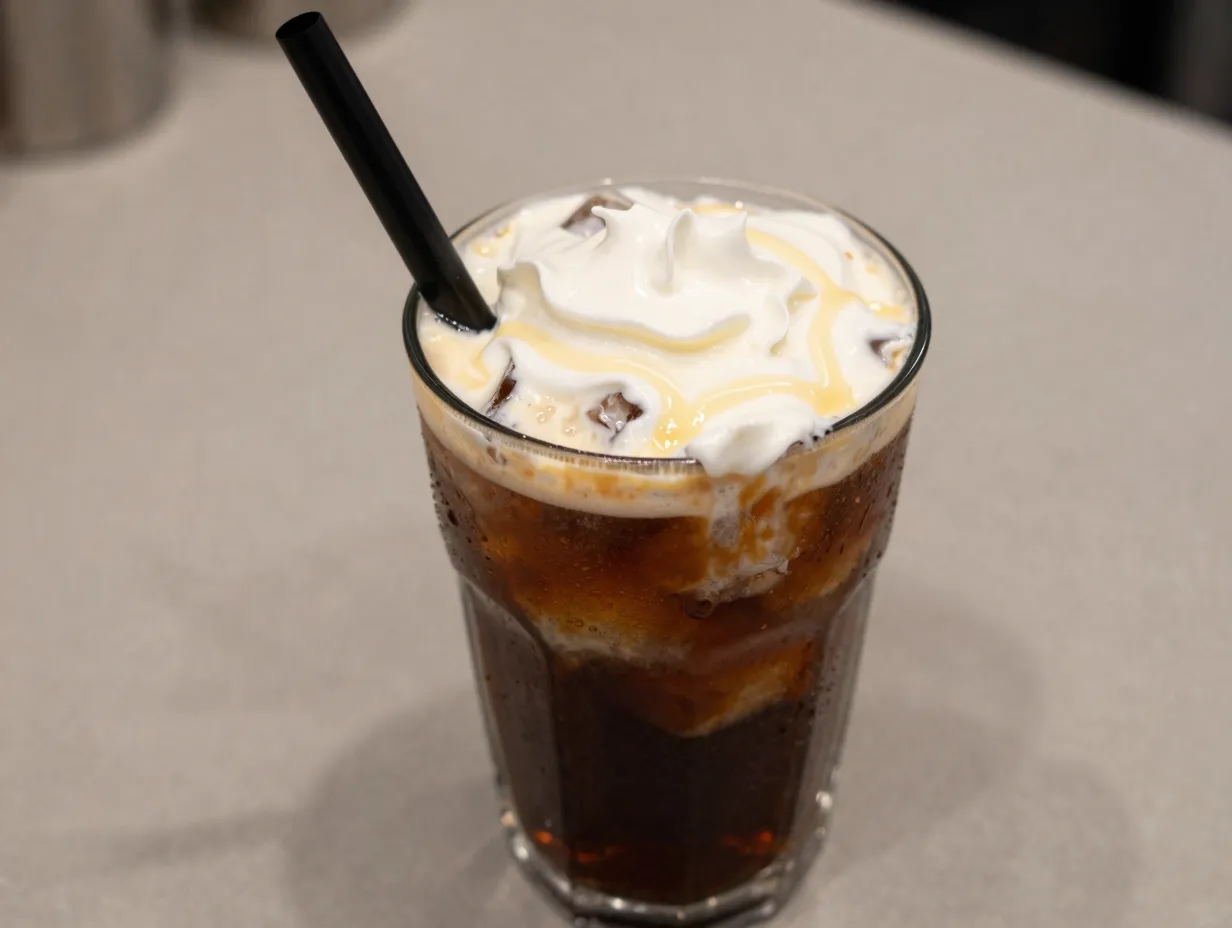 Classic vanilla cream root beer dirty soda glass crushed ice