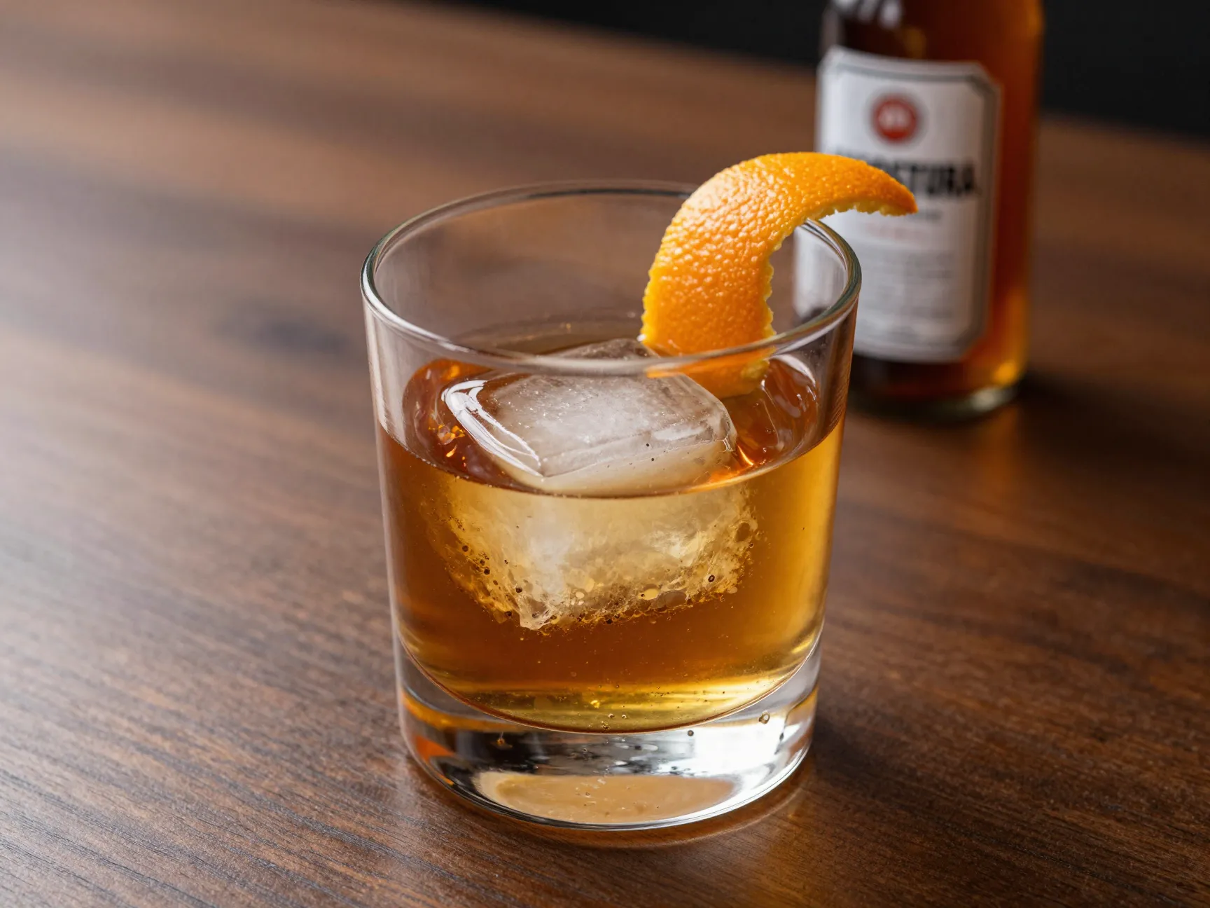 Old fashioned with bourbon sugar cube bitters and orange peel