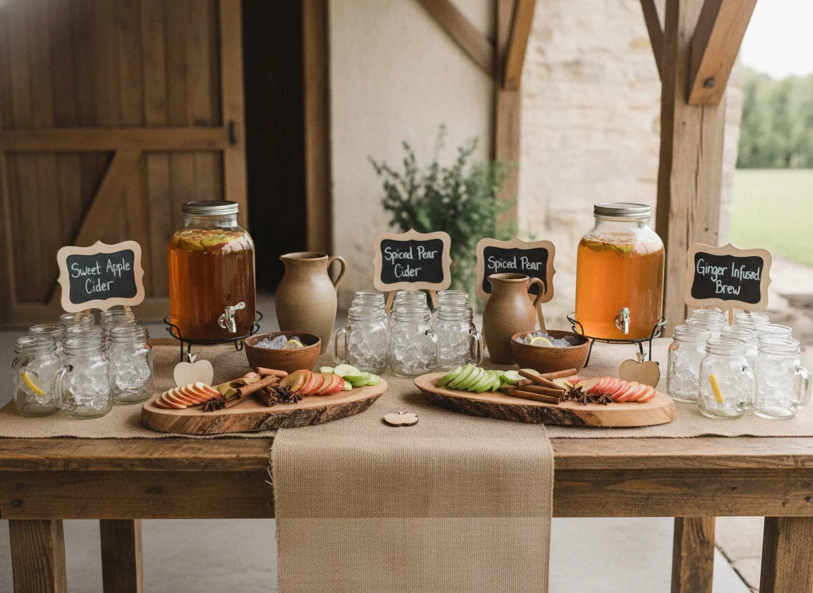 Rustic wooden table cider bar with burlap runner and mason jar glasses
