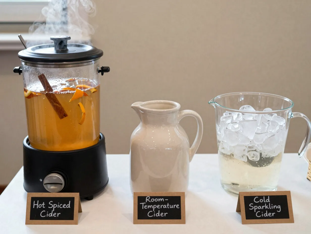 Hot and cold cider station with insulated carafe and glass pitcher