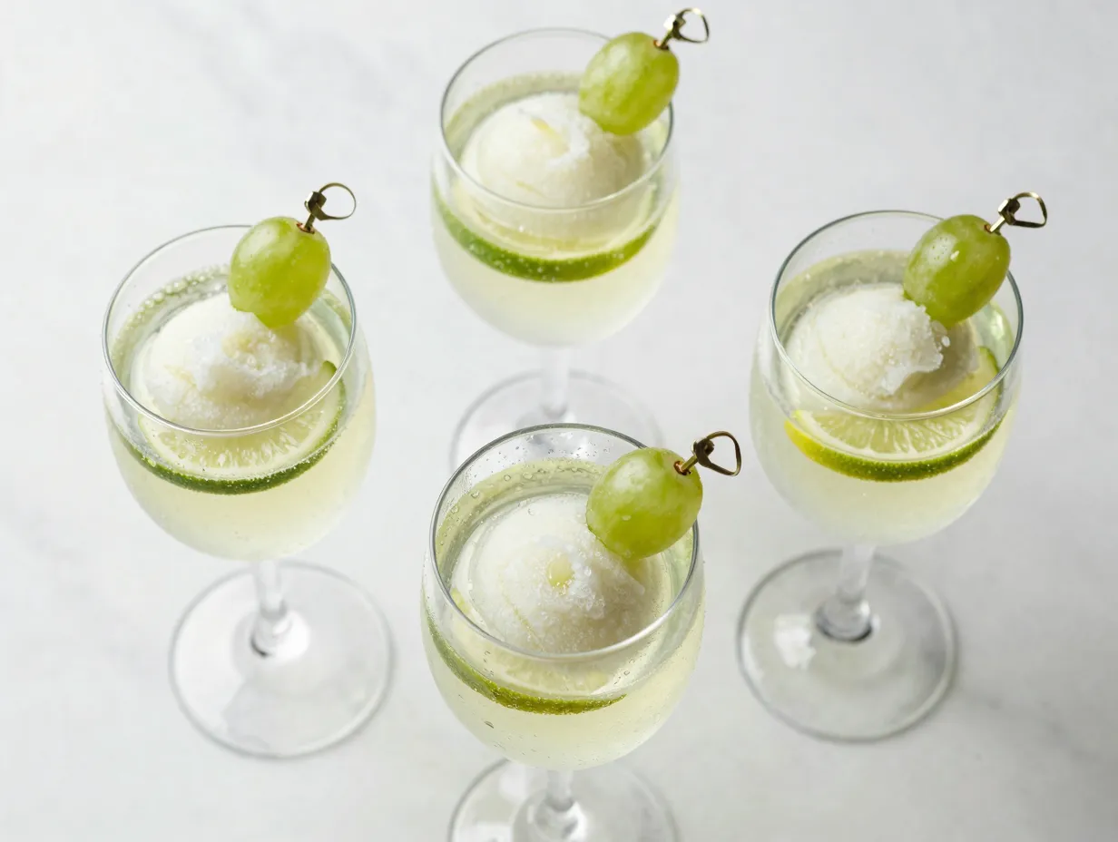 Prosecco sparkling grinch punch in individual stem glasses