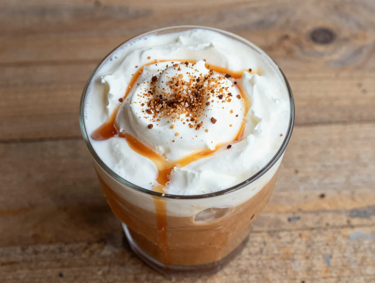 Salted caramel root beer float soda with flaky sea salt garnish