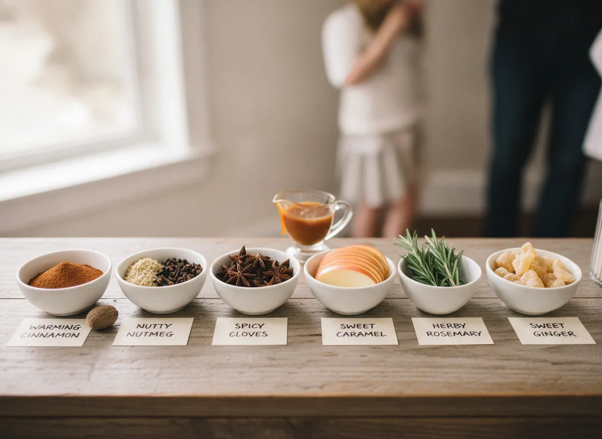 Interactive spice and garnish bar with small bowls and ingredient cards