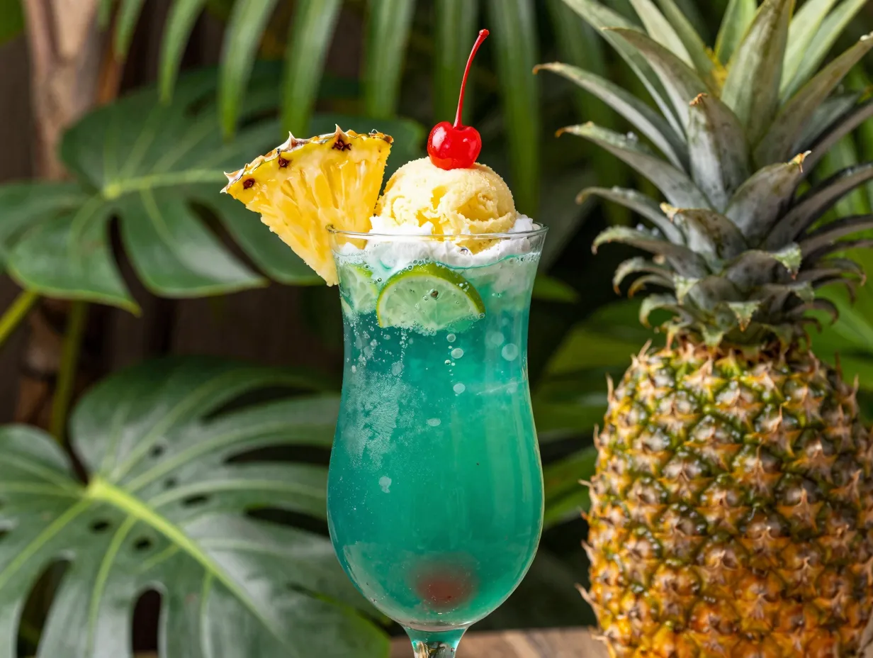 Tropical teal grinch punch with pineapple and cherry garnish