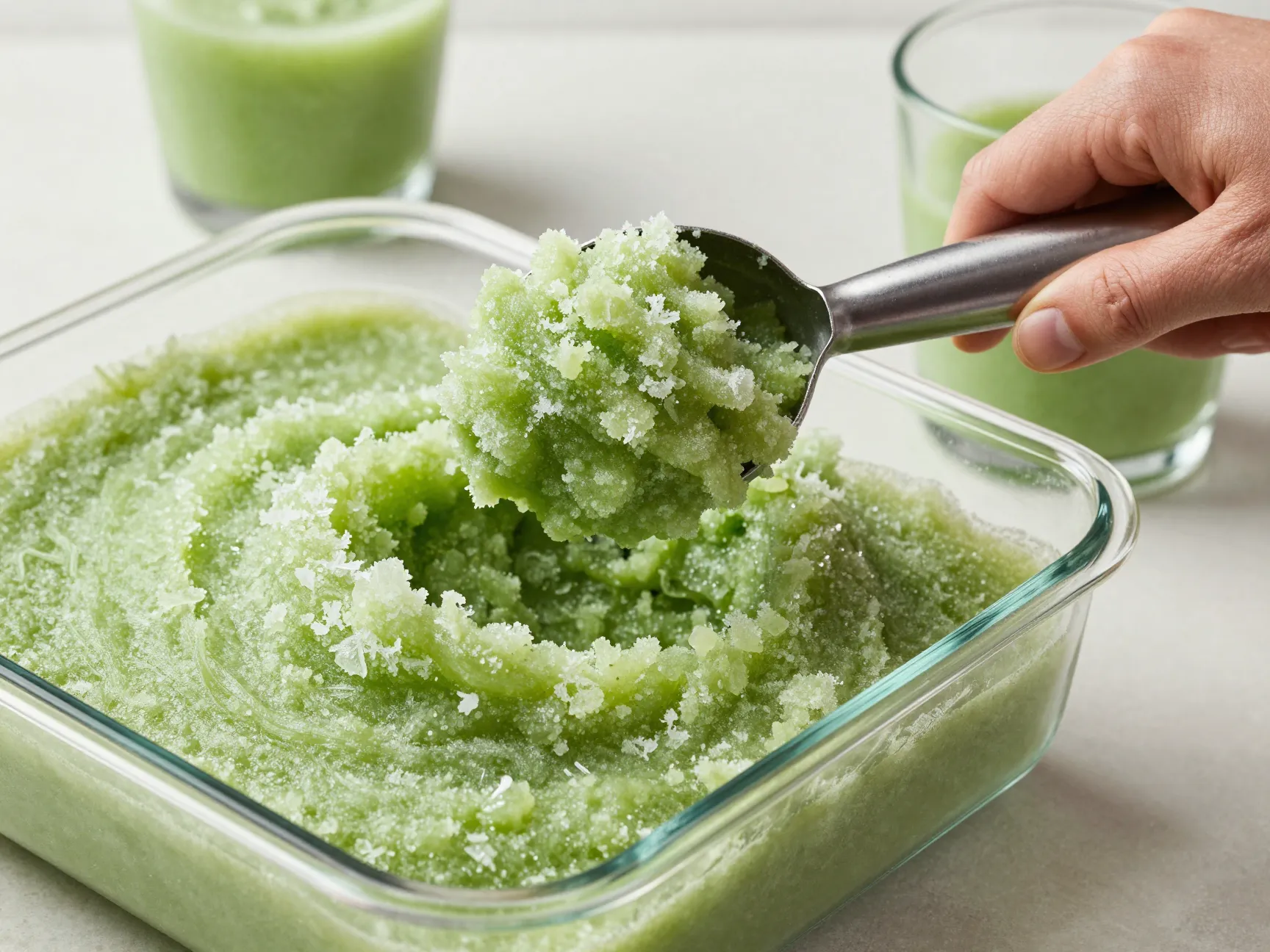 Frozen lime green slushy grinch punch in a glass scoop