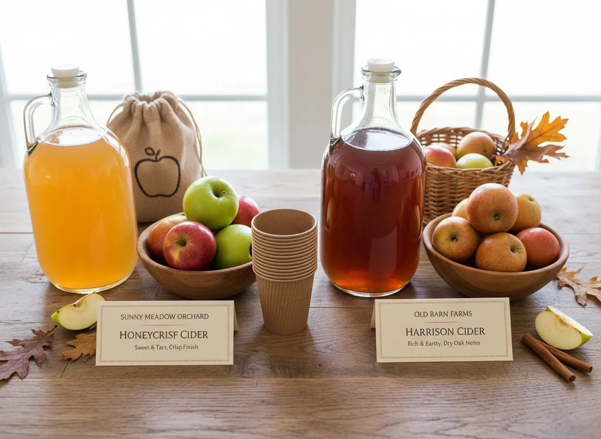 Local orchard cider showcase with apple variety cards and compostable cups