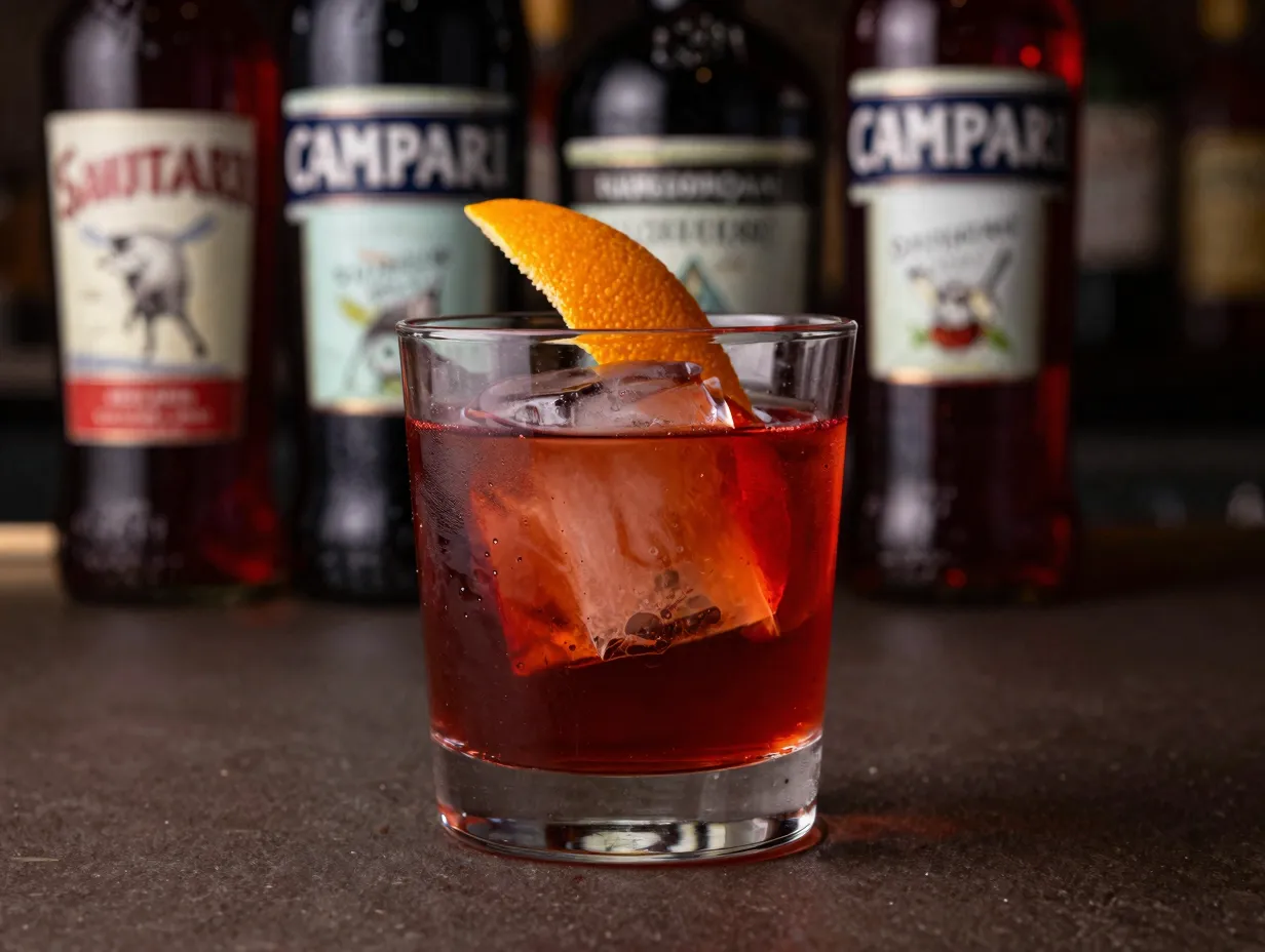 Negroni served with one large ice cube and orange peel