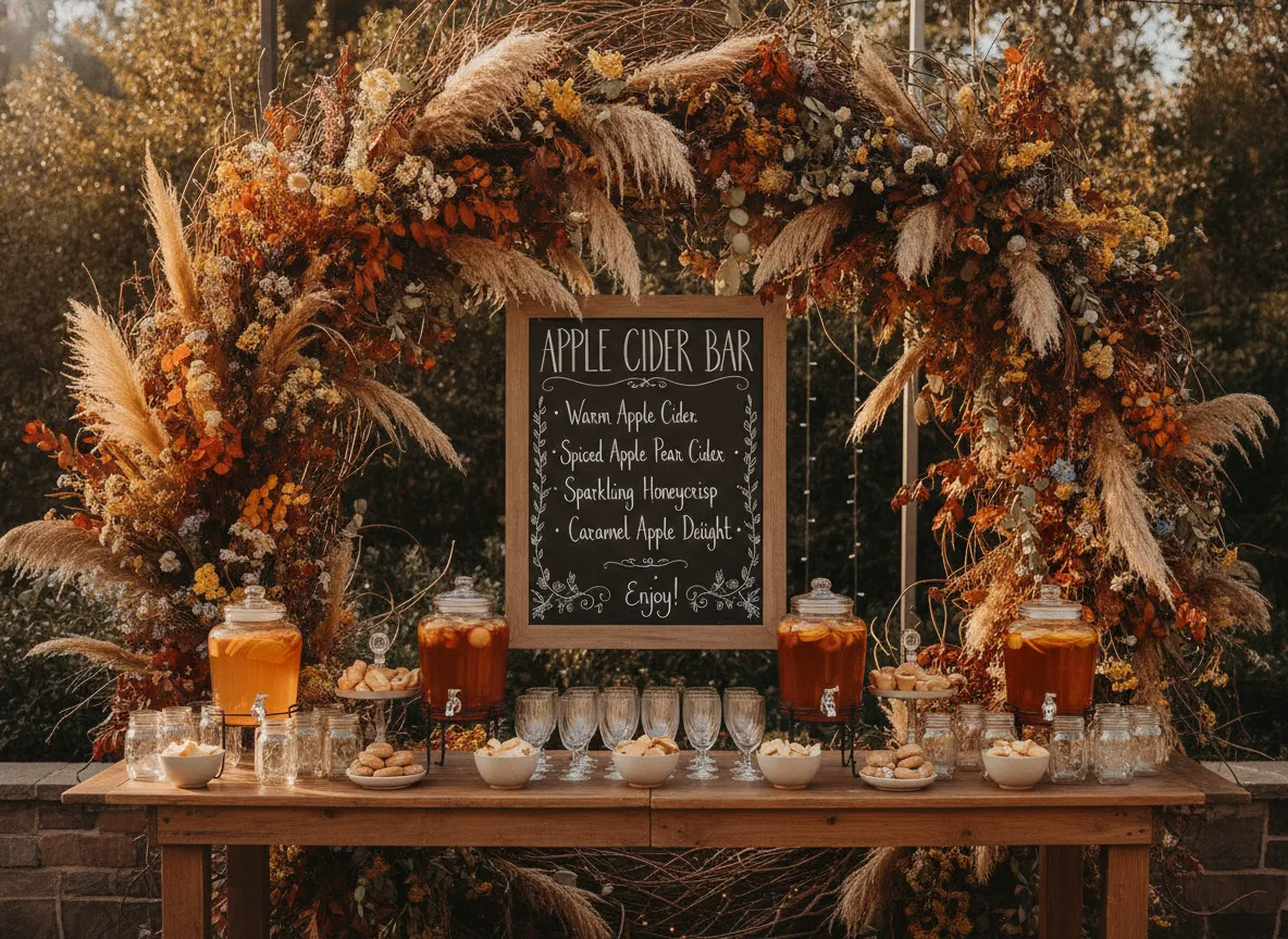 Cider bar with dried botanical arch backdrop and chalkboard menu