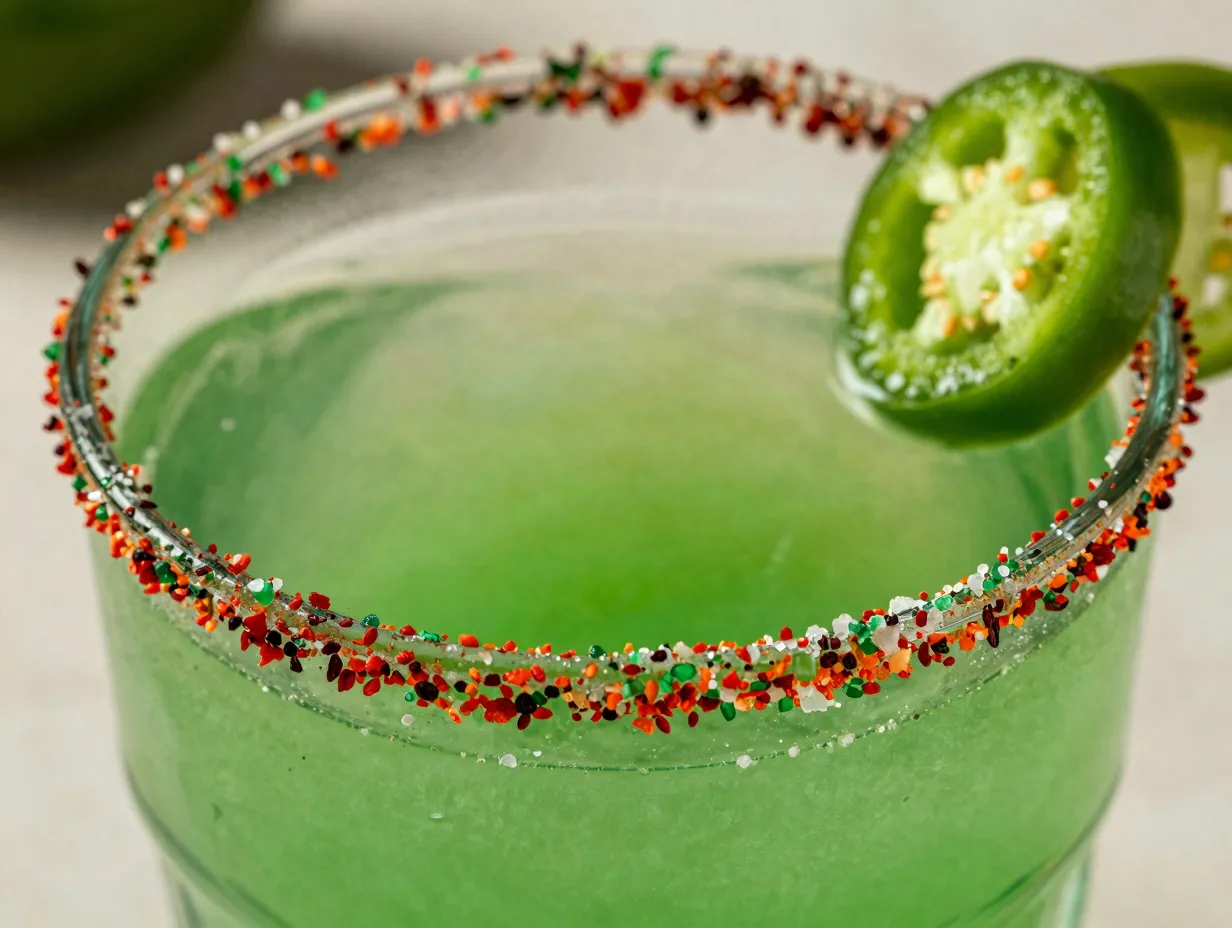 Green punch glass with a spicy chile lime salt rim