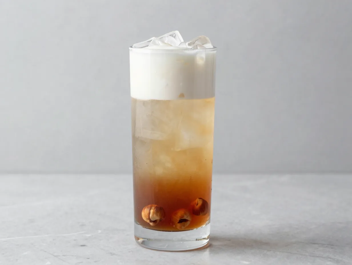 Hazelnut vanilla root beer cream soda layered in tall glass