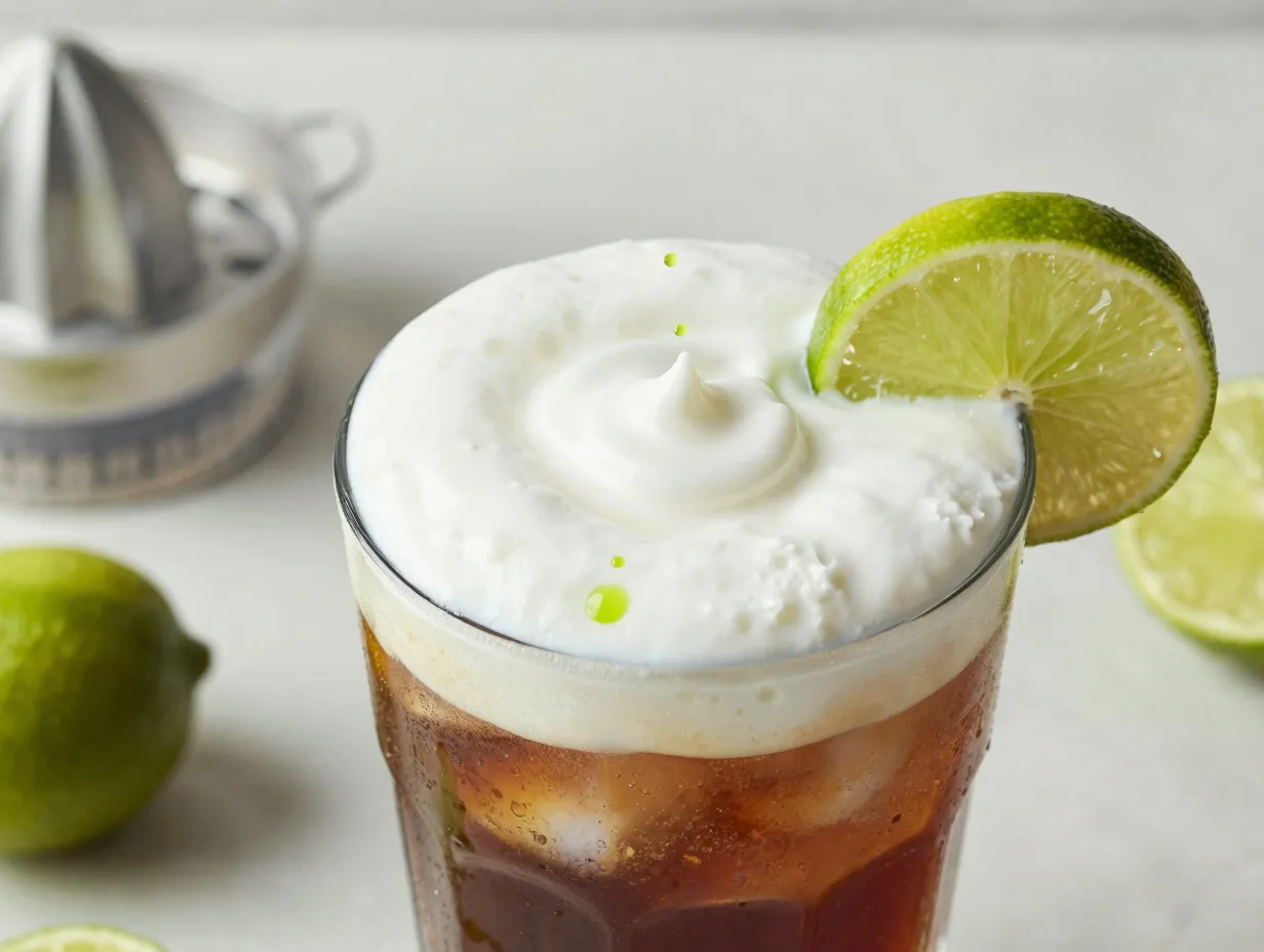 Lime cream root beer dirty soda with fresh citrus garnish