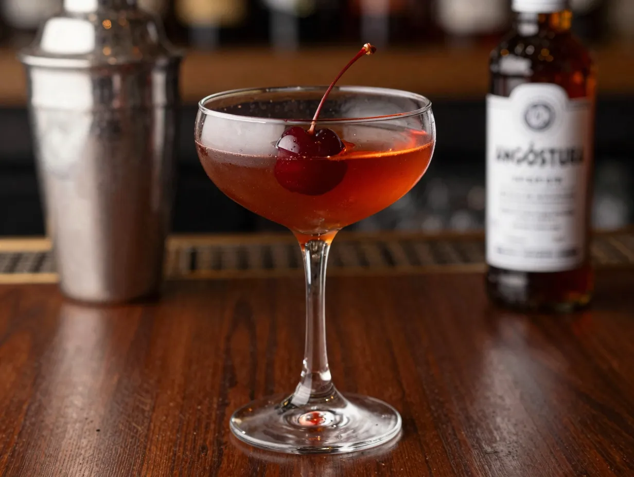 Manhattan with rye vermouth cherry and bitters