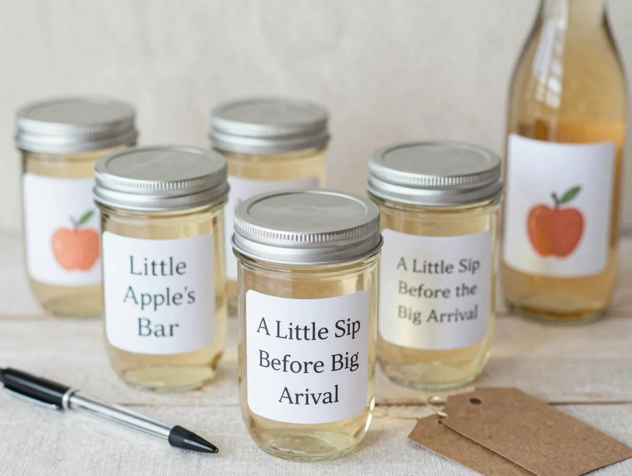 Personalized cider bar with custom baby name labels on mason jars